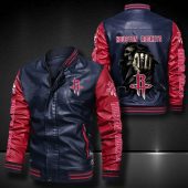 NBA Houston Rockets Navy Red Skull Leather Bomber Jacket