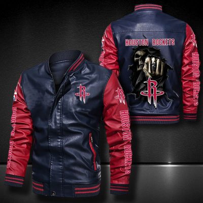 NBA Houston Rockets Navy Red Skull Leather Bomber Jacket