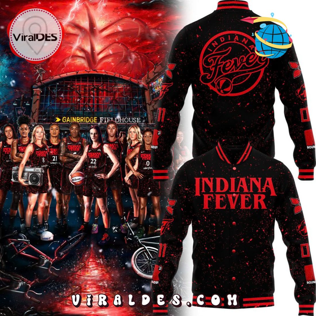 2025 Indiana Fever Stranger Things Baseball Jacket 2025 Indiana Fever Stranger Things Baseball Jacket