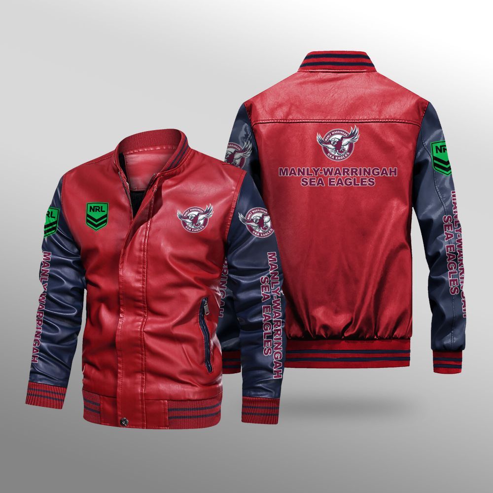NRL Manly Warringah Sea Eagles Red Navy Blue Leather Bomber Jacket NRL Manly Warringah Sea Eagles Red Navy Blue Leather Bomber Jacket