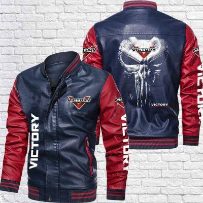 Victory Motorcycles Navy Blue Red Leather Bomber Jacket