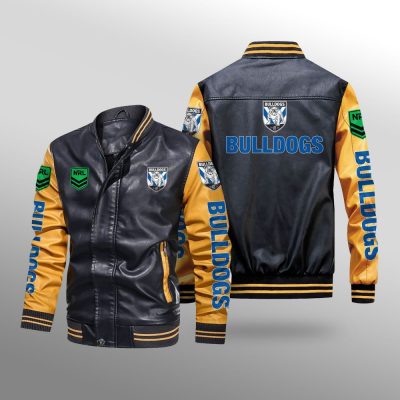 NRL Canterbury-Bankstown Bulldogs Black Yellow Leather Bomber Jacket