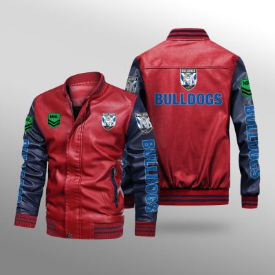NRL Canterbury-Bankstown Bulldogs Red Navy Blue Leather Bomber Jacket