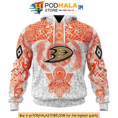 Anaheim Ducks 3D Hoodie with Norse Viking Symbols, Custom Name Hockey Apparel