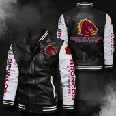 NRL Brisbane Broncos Black White Leather Bomber Jacket