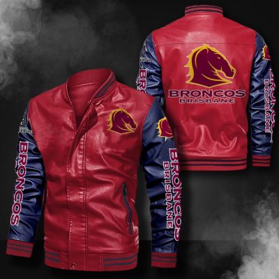 NRL Brisbane Broncos Red Navy Blue Leather Bomber Jacket