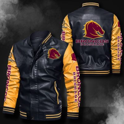 NRL Brisbane Broncos Black Yellow Leather Bomber Jacket