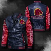 NRL Brisbane Broncos Navy Blue Red Leather Bomber Jacket