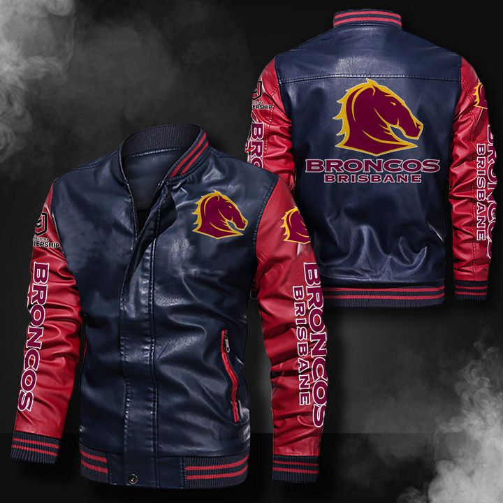 NRL Brisbane Broncos Navy Blue Red Leather Bomber Jacket NRL Brisbane Broncos Navy Blue Red Leather Bomber Jacket