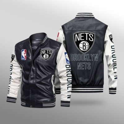 NBA Brooklyn Nets Black White Leather Bomber Jacket
