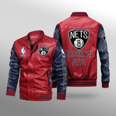 NBA Brooklyn Nets Red Navy Blue Leather Bomber Jacket