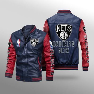 NBA Brooklyn Nets Navy Blue Red Leather Bomber Jacket