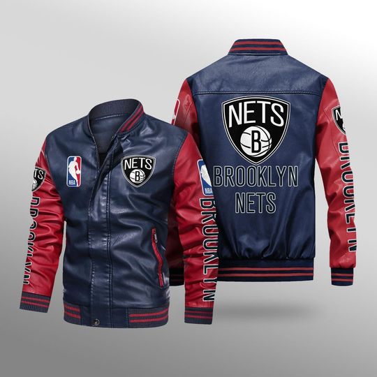 NBA Brooklyn Nets Navy Blue Red Leather Bomber Jacket NBA Brooklyn Nets Navy Blue Red Leather Bomber Jacket