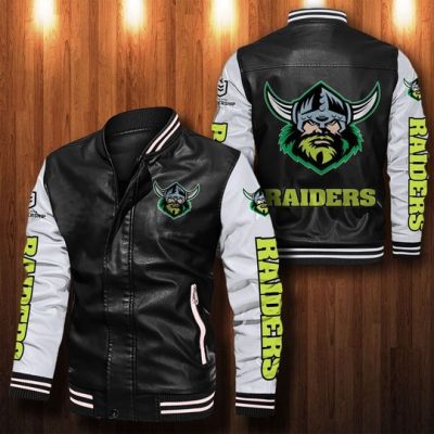 NRL Canberra Raiders Black White Leather Bomber Jacket