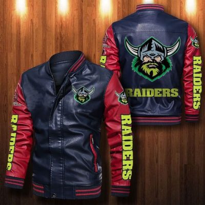 NRL Canberra Raiders Navy Blue Red Leather Bomber Jacket