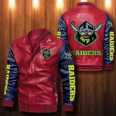 NRL Canberra Raiders Red Navy Blue Leather Bomber Jacket