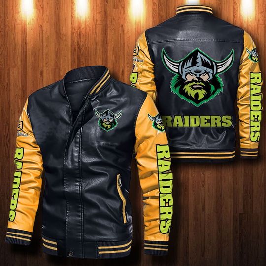 NRL Canberra Raiders Black Yellow Leather Bomber Jacket NRL Canberra Raiders Black Yellow Leather Bomber Jacket