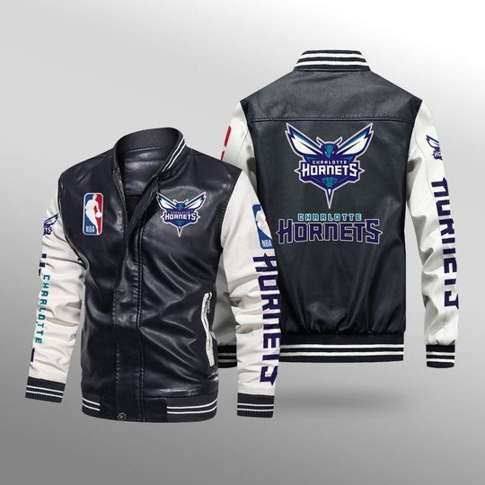 NBA Charlotte Hornets Black White Leather Bomber Jacket NBA Charlotte Hornets Black White Leather Bomber Jacket