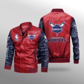 NBA Charlotte Hornets Red Navy Blue Leather Bomber Jacket