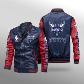 NBA Charlotte Hornets Navy Blue Red Leather Bomber Jacket