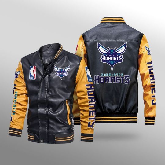 NBA Charlotte Hornets Black Yellow Leather Bomber Jacket NBA Charlotte Hornets Black Yellow Leather Bomber Jacket