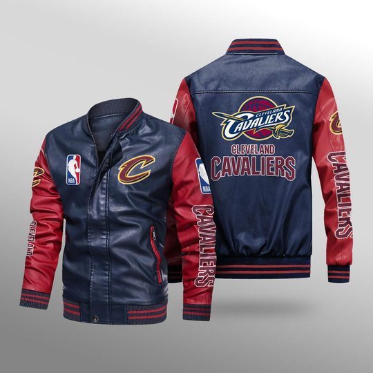 NBA Cleveland Cavaliers Navy Blue Red Leather Bomber Jacket NBA Cleveland Cavaliers Navy Blue Red Leather Bomber Jacket