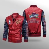 NBA Cleveland Cavaliers Red Navy Blue Leather Bomber Jacket