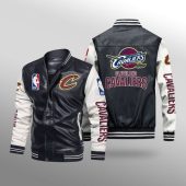 NBA Cleveland Cavaliers Black White Leather Bomber Jacket