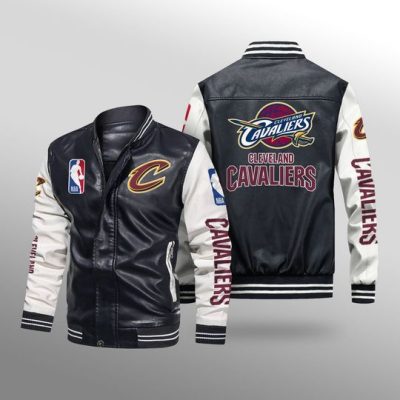 NBA Cleveland Cavaliers Black White Leather Bomber Jacket