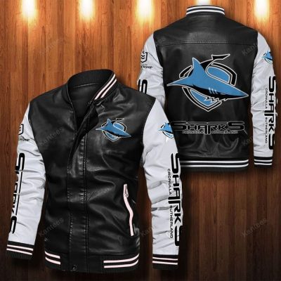 NRL Cronulla-Sutherland Sharks Black White Leather Bomber Jacket