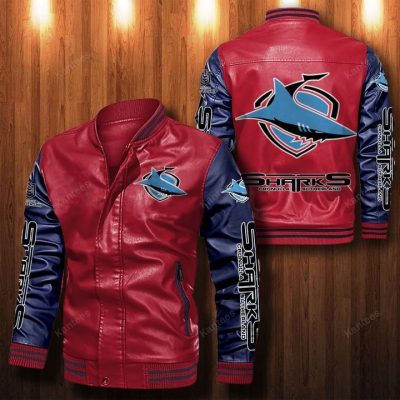 NRL Cronulla-Sutherland Sharks Red Navy Blue Leather Bomber Jacket