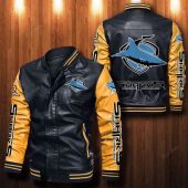 NRL Cronulla-Sutherland Sharks Black Yellow Leather Bomber Jacket