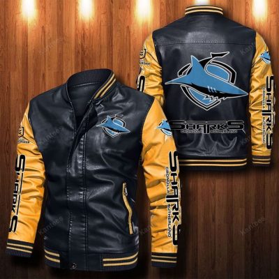 NRL Cronulla-Sutherland Sharks Black Yellow Leather Bomber Jacket