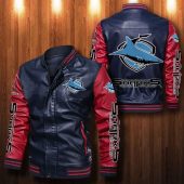 NRL Cronulla-Sutherland Sharks Navy Blue Red Leather Bomber Jacket