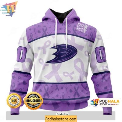 Custom Anaheim Ducks 3D Hoodie, Lavender Hockey Fights Cancer Ribbon Design