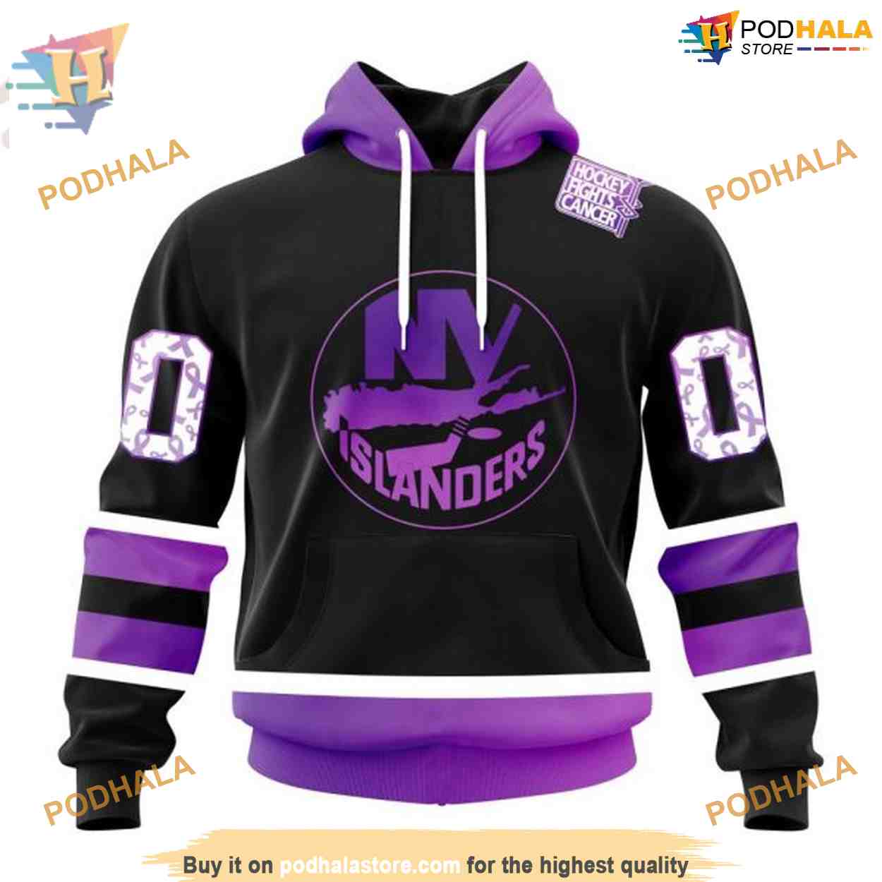 Custom Black Hockey Fights Cancer Kits NHL New York Islanders Hoodie 3D Custom Black Hockey Fights Cancer Kits NHL New York Islanders Hoodie 3D