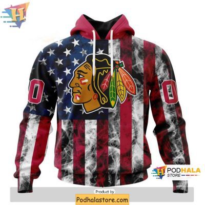 Custom Chicago Blackhawks 3D Hoodie with Patriotic Flag Design for Team Pride