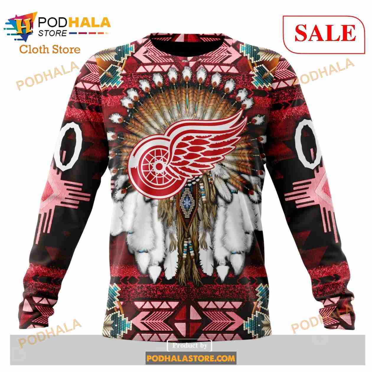 Custom Detroit Red Wings Native Costume Sweatshirt NHL Hoodie 3D Custom Detroit Red Wings Native Costume Sweatshirt NHL Hoodie 3D