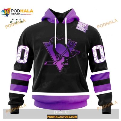 Custom NHL Pittsburgh Penguins Black Hockey Fights Cancer Shirt Hoodie 3D