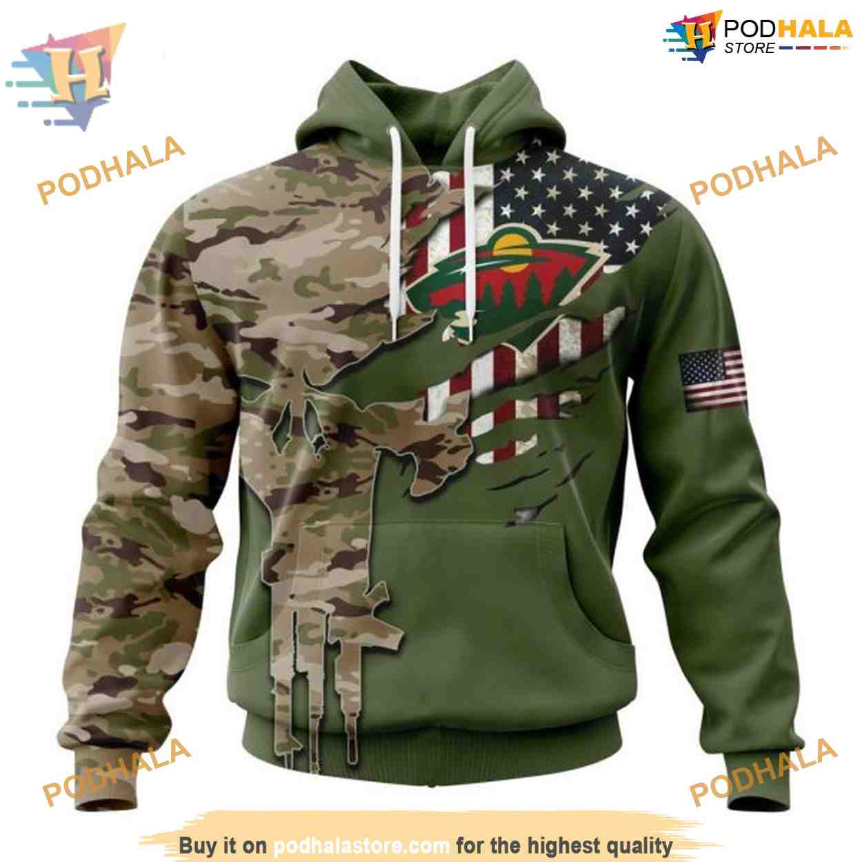 Custom Name And Number Camo Skull Design NHL Minnesota Wild Hoodie 3D Custom Name And Number Camo Skull Design NHL Minnesota Wild Hoodie 3D
