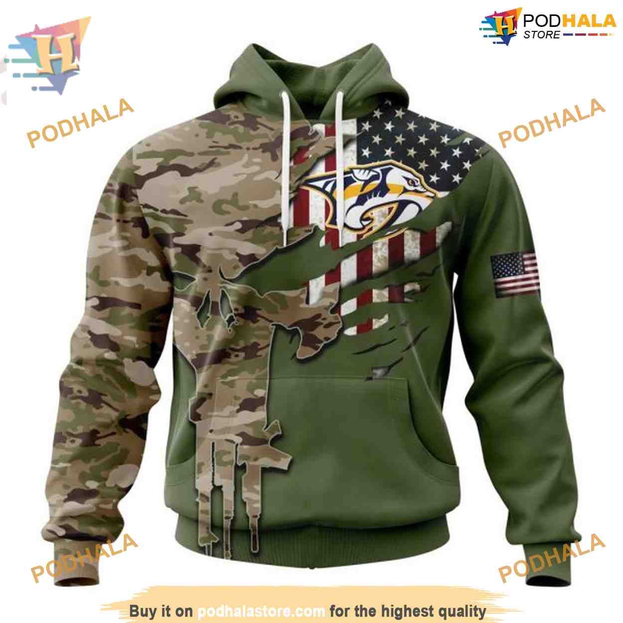 Custom Name And Number Camo Skull Design NHL Nashville Predators Hoodie 3D Custom Name And Number Camo Skull Design NHL Nashville Predators Hoodie 3D