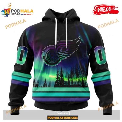 Custom NHL Detroit Red Wings With Northern Lights Shirt Hoodie 3D