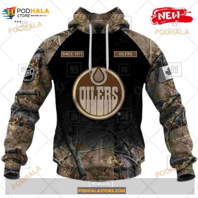 Custom NHL Edmonton Oilers Hunting Camouflage Design Hoodie Sweatshirt Shirt 3D