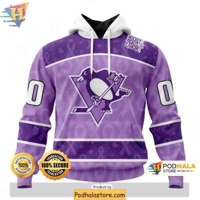 Custom Pittsburgh Penguins 3D Hoodie Lavender Design Hockey Fights Cancer Apparel