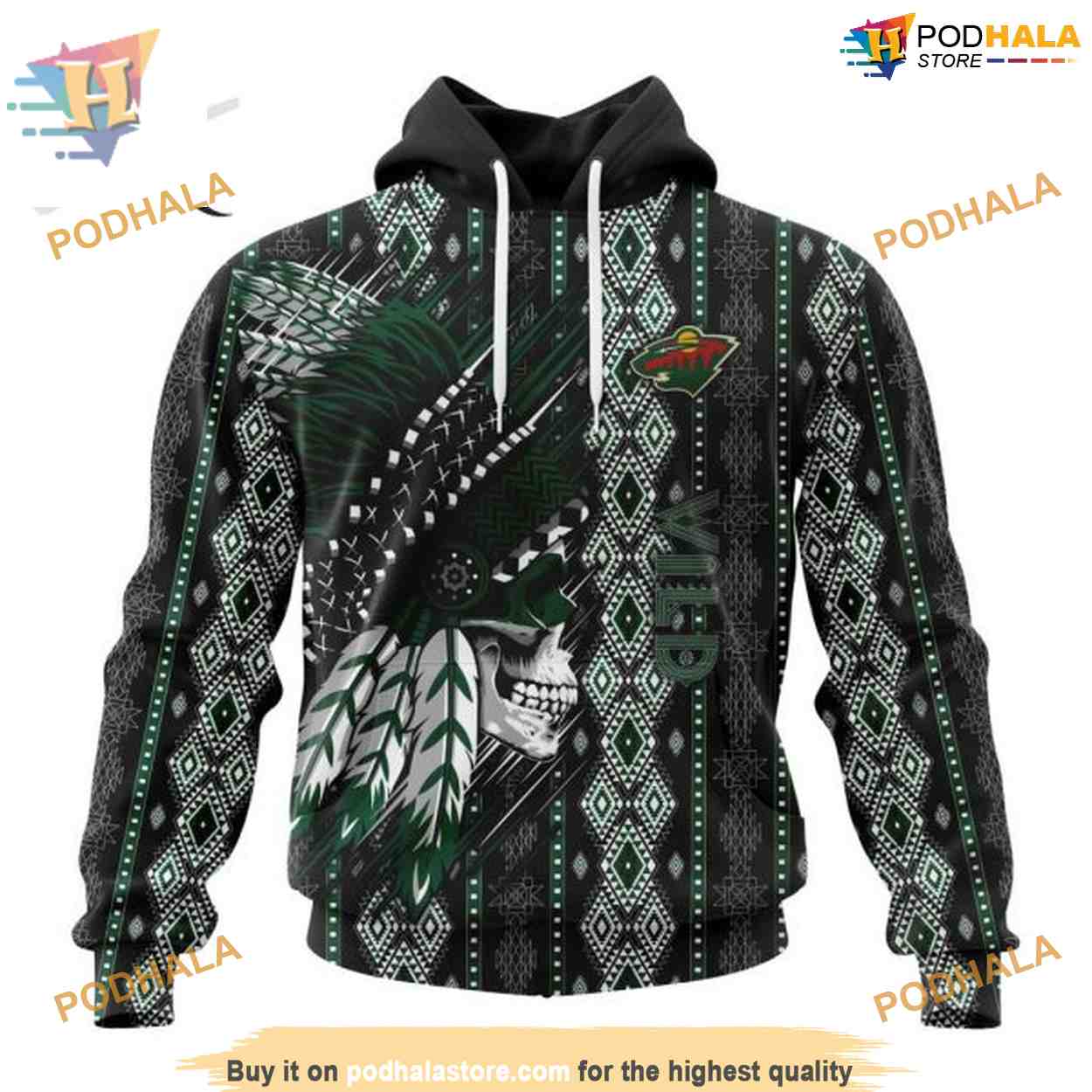 Custom Skull Native Design NHL Minnesota Wild Hoodie 3D Custom Skull Native Design NHL Minnesota Wild Hoodie 3D