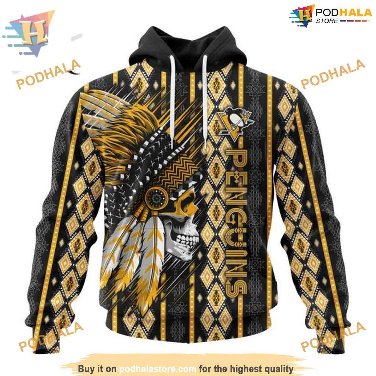 Custom Skull Native Design NHL Pittsburgh Penguins Hoodie 3D Custom Skull Native Design NHL Pittsburgh Penguins Hoodie 3D