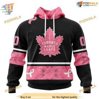 Custom Toronto Maple Leafs 3D Hoodie in Pink, NHL Design for Breast Cancer Awareness