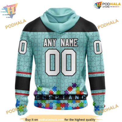Custom Unisex Hockey Fights Against Autism NHL Seattle Kraken Hoodie 3D