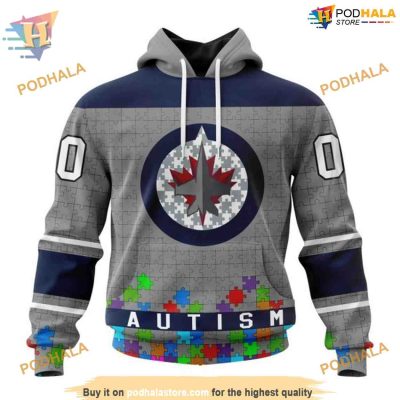 Custom Unisex Hockey Fights Against Autism NHL Winnipeg Jets Hoodie 3D