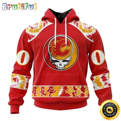 Customized NHL Calgary Flames Hoodie Special Grateful Dead Skull All Over Print 3D Hoodie Unisex Hoodie Tshirt